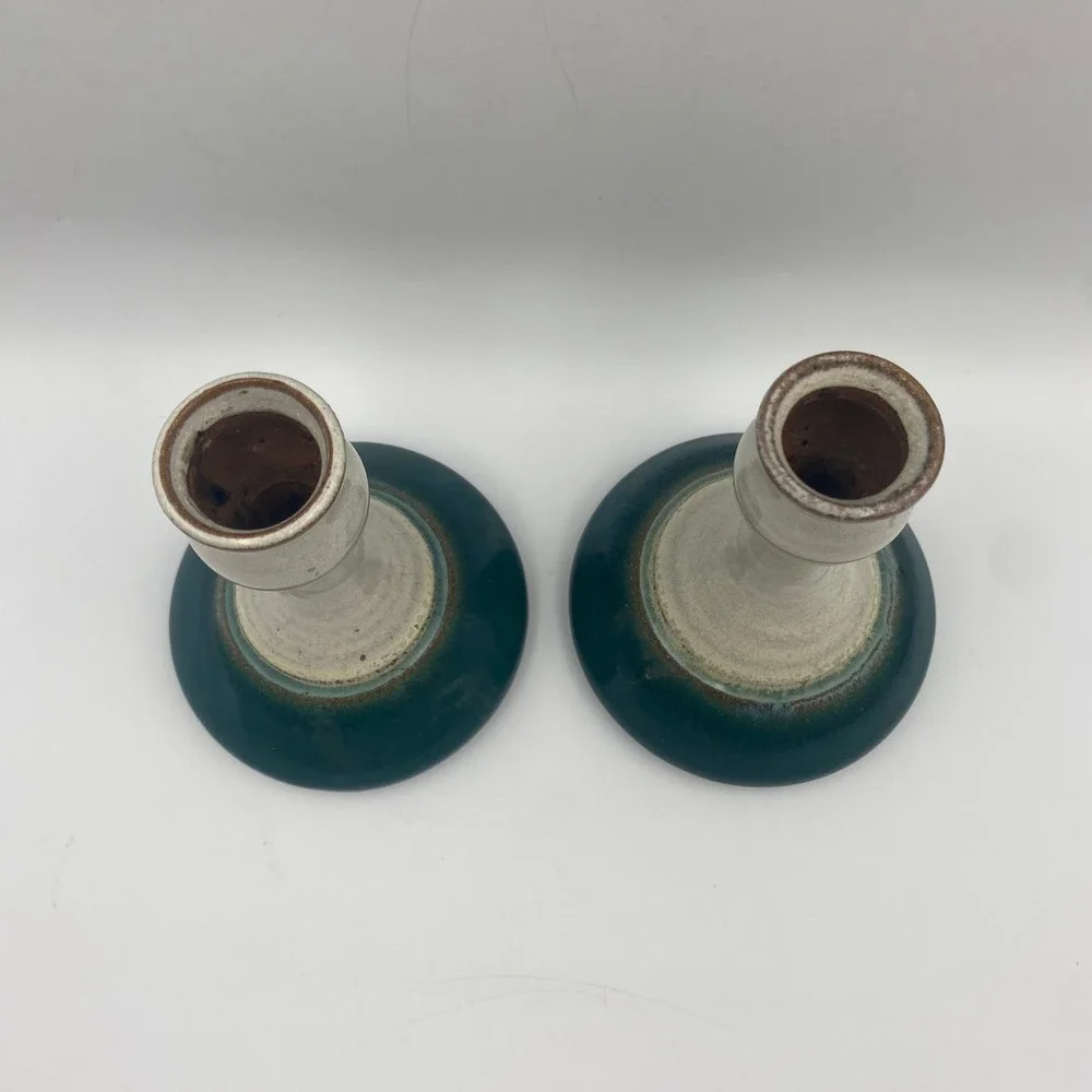 Studio Pottery Hand Signed Teal Cream Drip Glaze Candlestick Holders Set‎ of 2